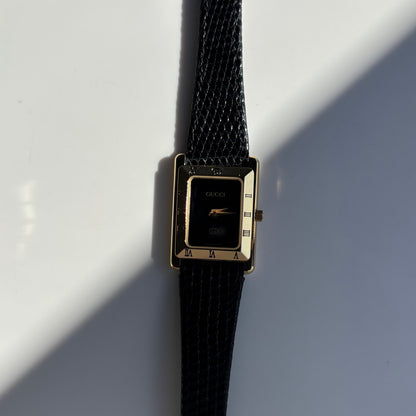 Gucci 1980s Black Dial Tank Gold Plated Watch