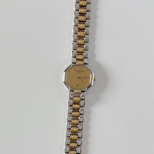 Dior 1990s Octagon Two Tone Gold Plated Watch