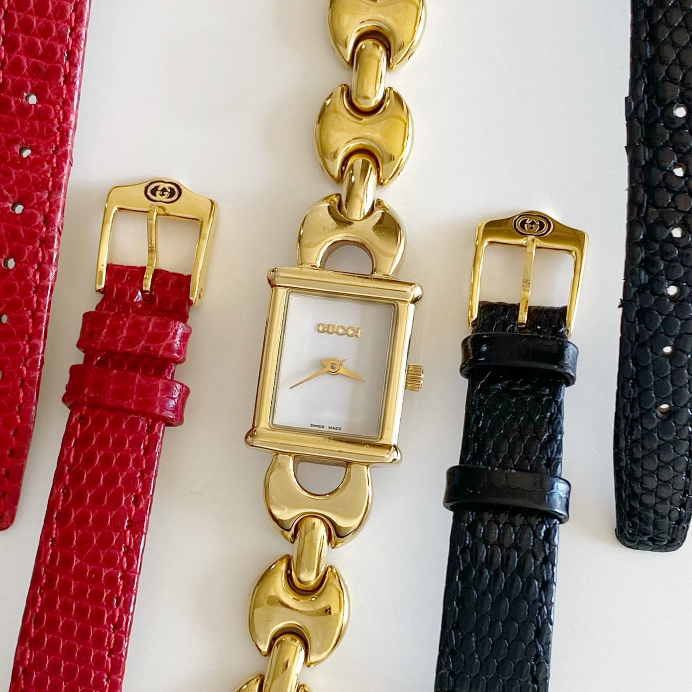 Gucci 1990s Interchangeable Belt Gold Plated Watch with 3 belts, case