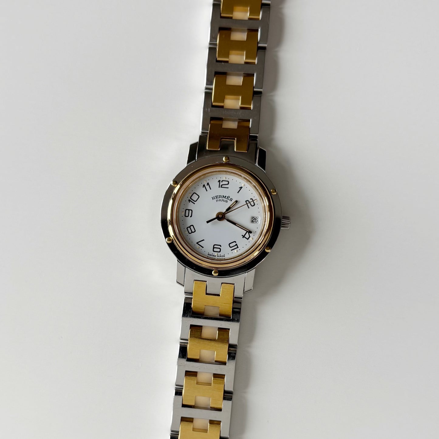 Hermes 1990s Clipper Date Round Dial Two Tone Gold Plated Watch