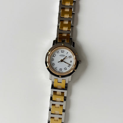Hermes 1990s Clipper Date Round Dial Two Tone Gold Plated Watch