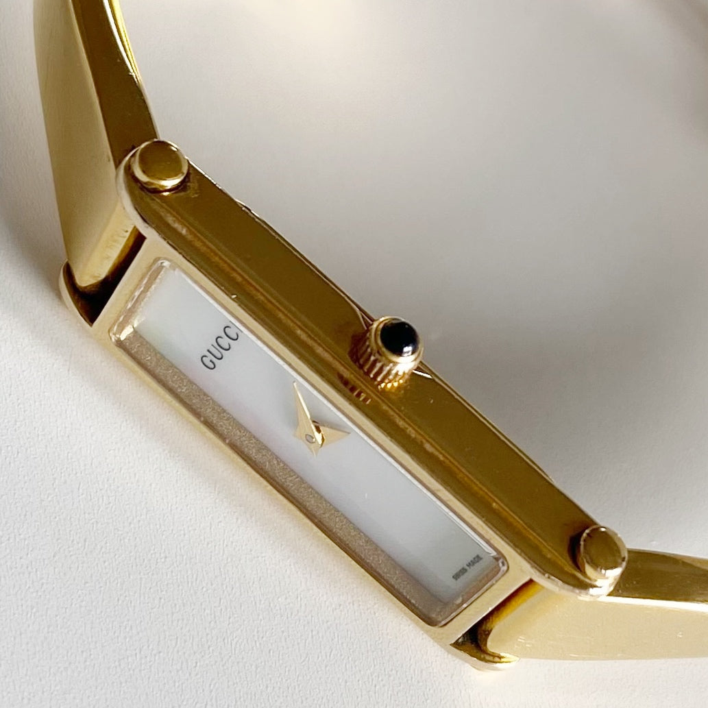 Gucci 1990s Seashell Dial Rectangular Gold Plated Bangle Watch