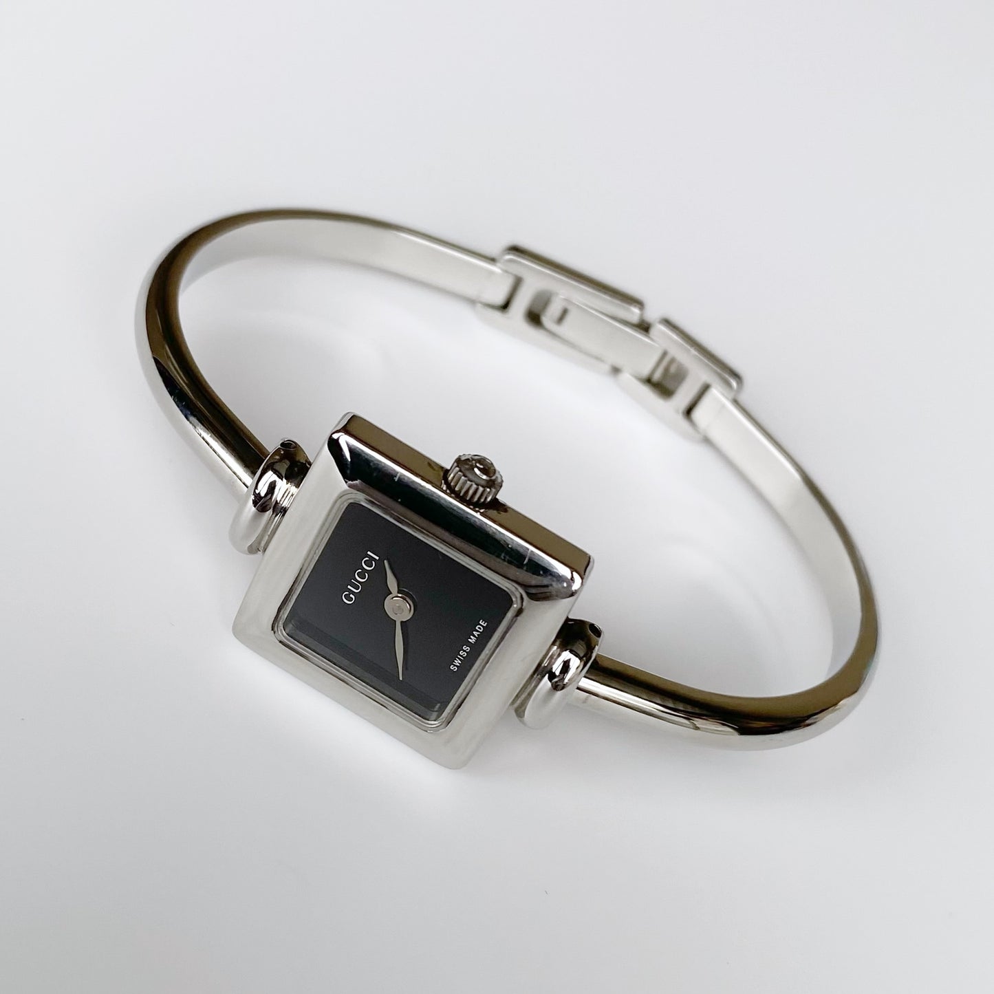 Gucci 1990s Black Dial Square Stainless steel Bangle Watch