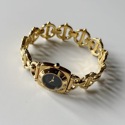 Gucci 1990s Black Dial Gold Plated Horsebit Watch