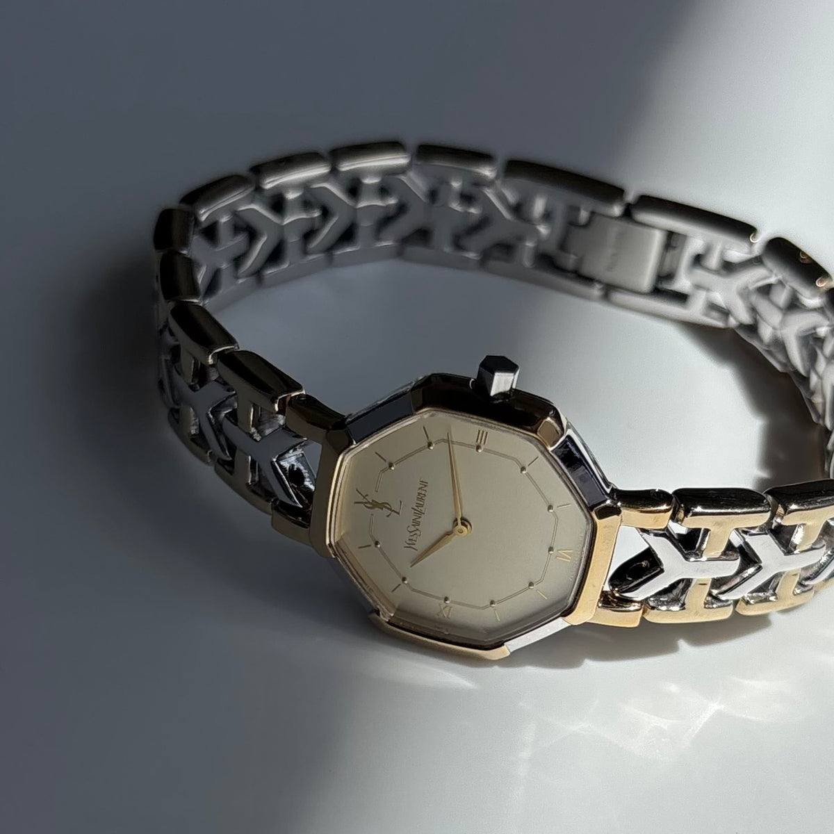 Yves Saint Laurent 1990s Octagon Gold Plated Two Tone Watch