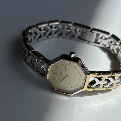 Yves Saint Laurent 1990s Octagon Gold Plated Two Tone Watch