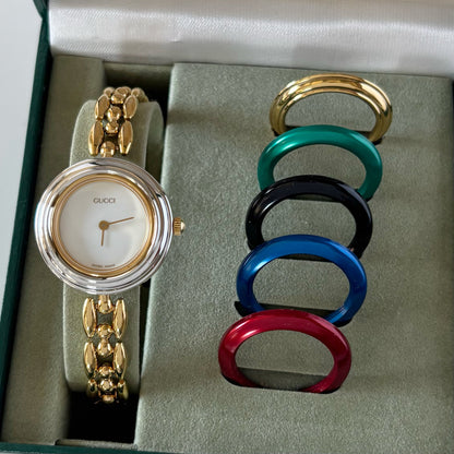 Gucci 1990s Interchangeable Bezel Gold Plated Watch with 6 bezels, case (160mm)