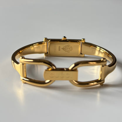 Gucci 1990s Gold Rectangular Dial Gold Plated Bangle Watch