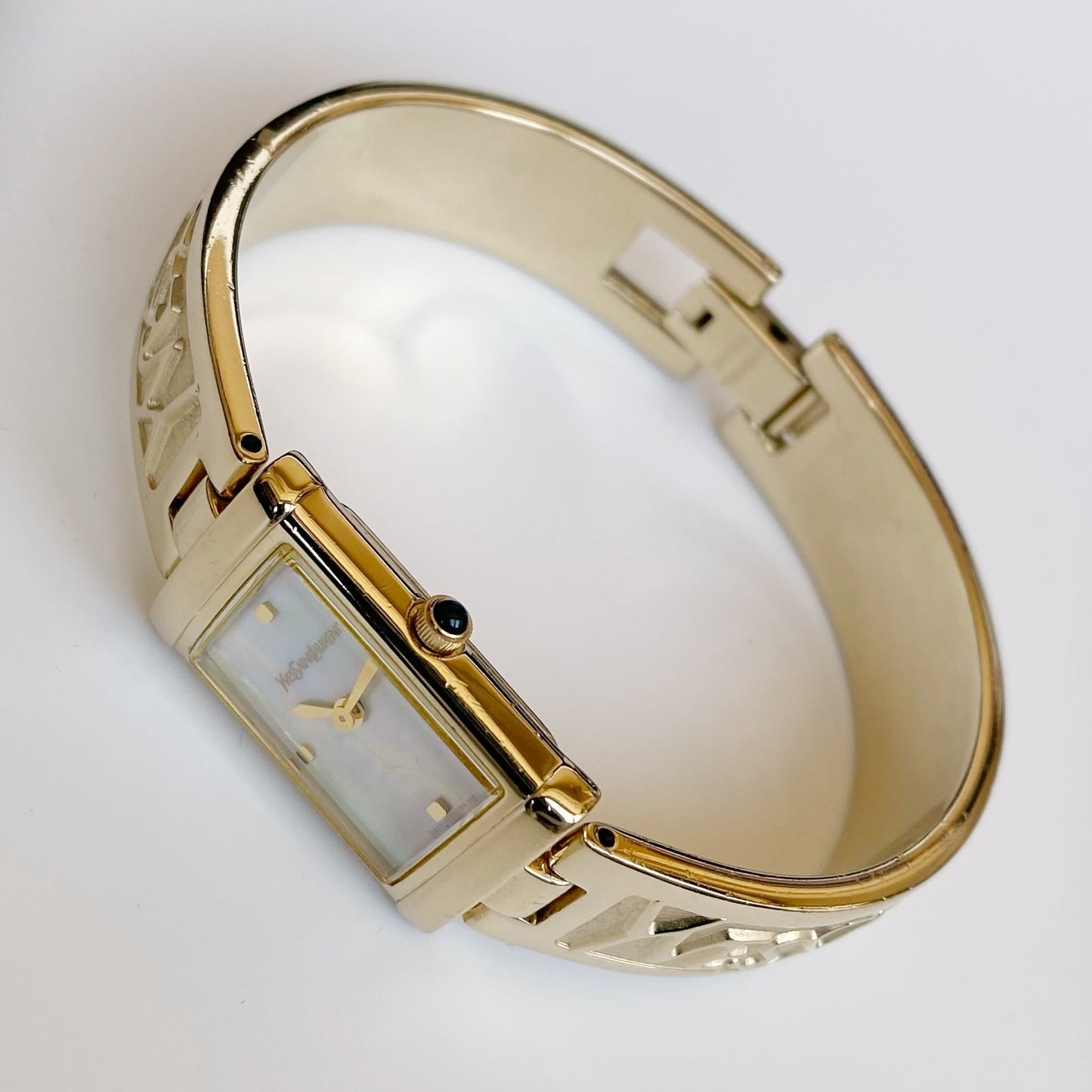 Yves Saint Laurent 1990s Seashell Dial Gold Plated Bangle Watch