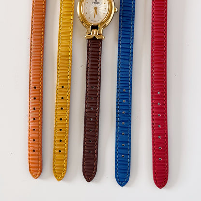 Fendi 1990s Interchangeable Strap Gold Plated Watch with 5 straps, case