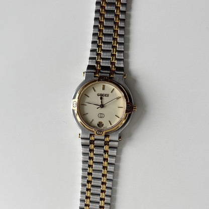 Gucci 1990s Date Round Dial Gold Plated Two Tone Watch (Large)