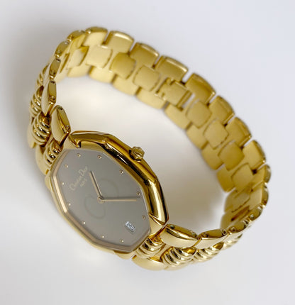 Dior 1990s Octagon Date Gray Dial Gold Plated Watch