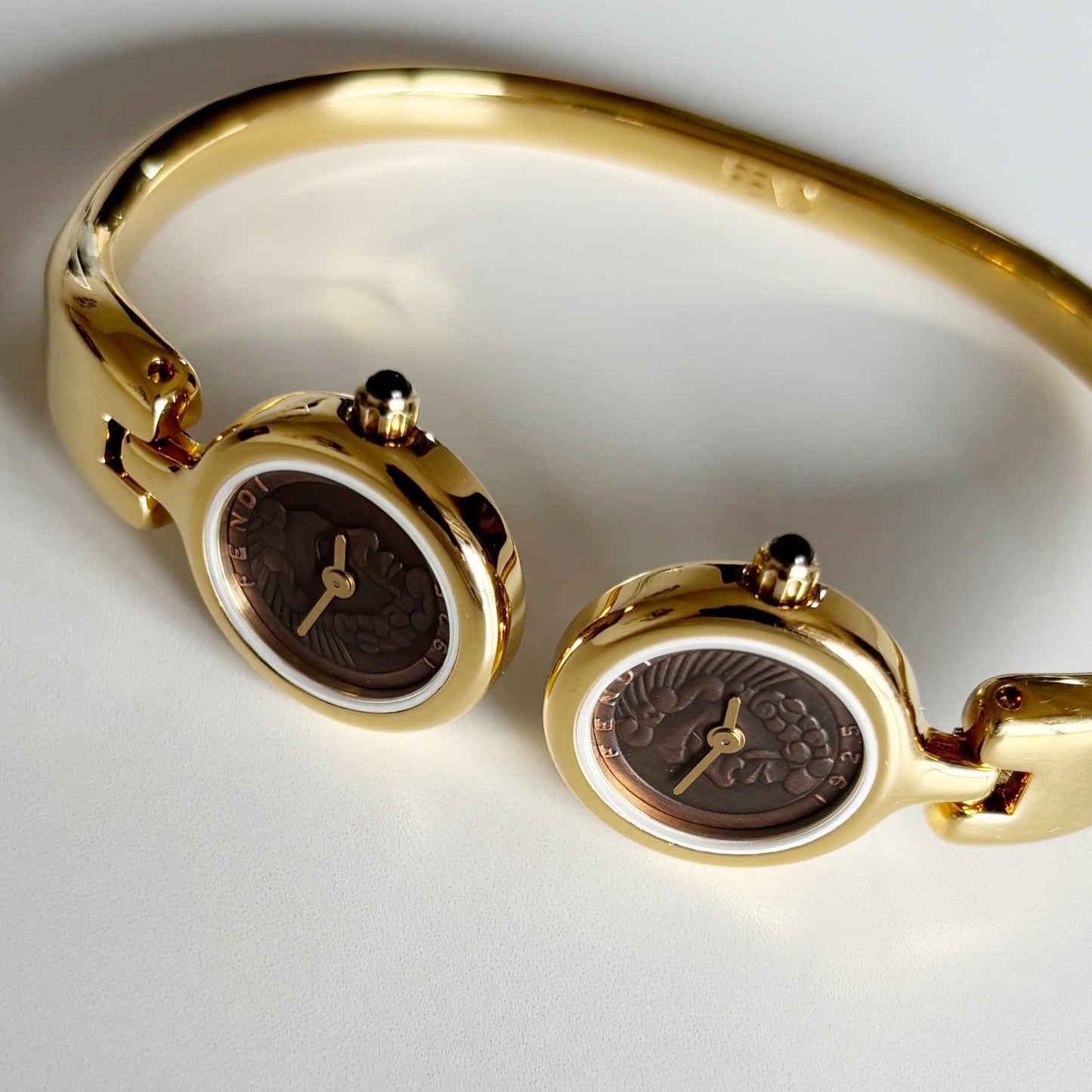 Fendi 1990s Seashell Dial Two Time Zone Gold Plated Bangle Watch