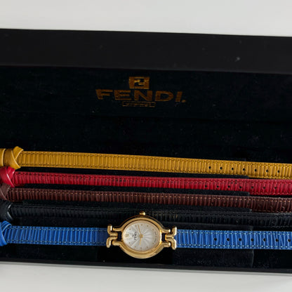 Fendi 1990s Interchangeable Strap Oval Dial Gold Plated Watch with 5 straps, case