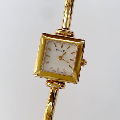 Gucci 1990s Seashell Dial Square Gold Plated Bangle Watch