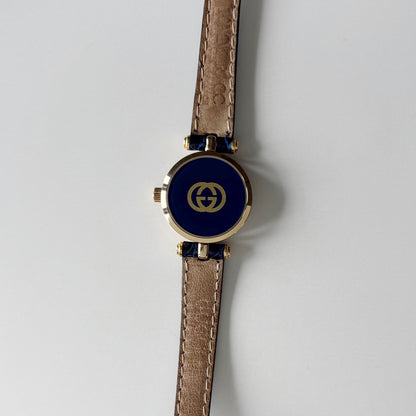Gucci 1990s Round Dial Blue Gold Plated Watch
