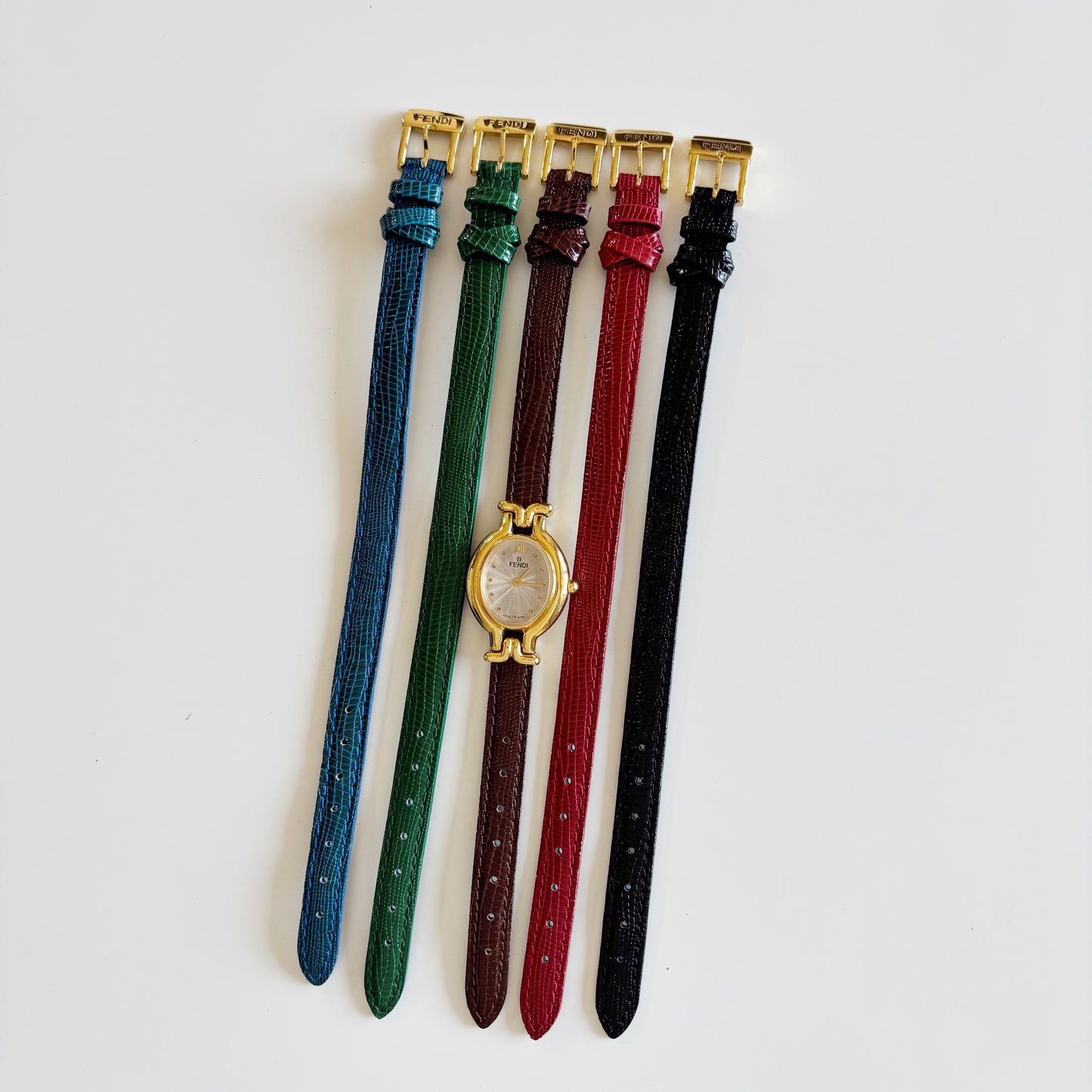 Fendi 1990s Interchangeable Belt Gold Plated Watch with 5 straps, case