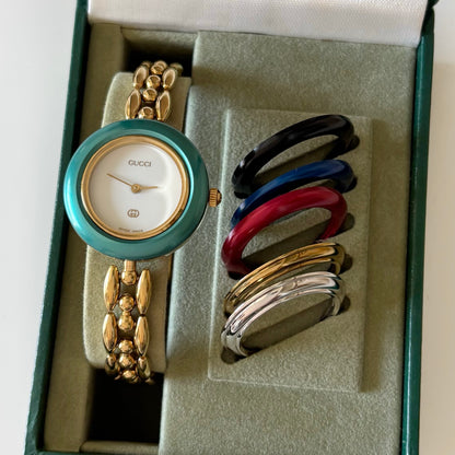 Gucci 1990s Interchangeable Bezel Gold Plated Watch with 6 bezels, case