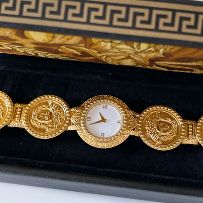 Gianni Versace 1990s Signature 18K Gold Plated Coin Watch