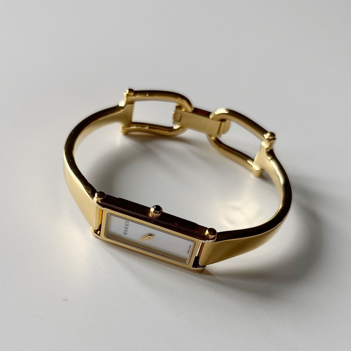 Gucci 1990s Seashell Dial Rectangular Gold-Plated Bangle Watch