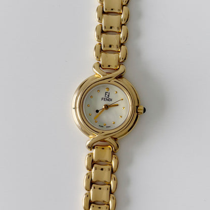 Fendi 1990s Seashell Dial Gold Plated Round Watch
