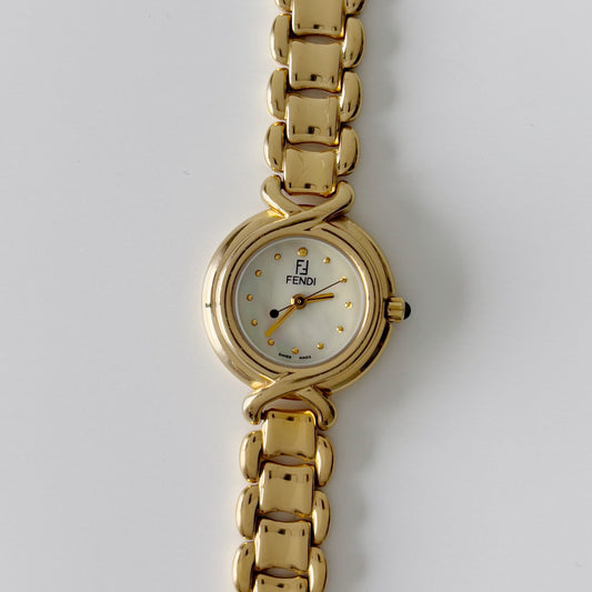 Fendi 1990s Seashell Dial Gold Plated Round Watch