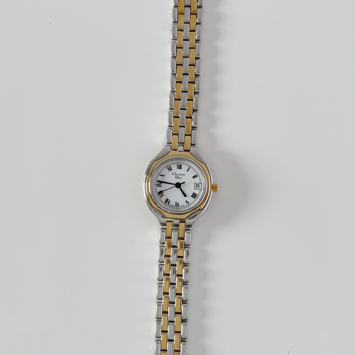 Dior 1990s Date Round Dial Gold Plated Two Tone Watch