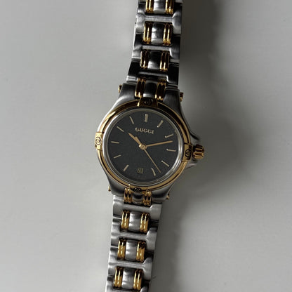 Gucci 1990s Date Black Round Dial Two-Tone Gold-Plated Watch