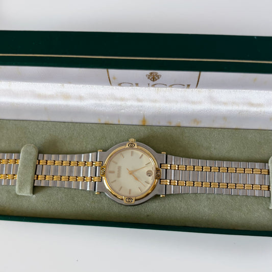 Gucci 1990s Round Dial Two Tone Gold Plated Watch (Large)