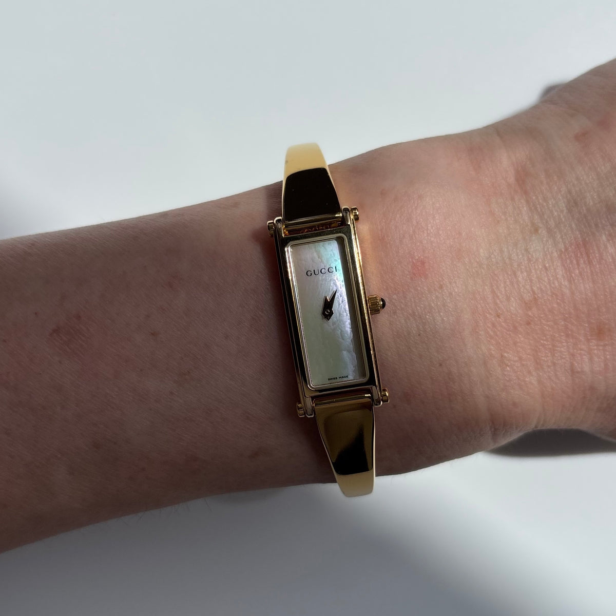 Gucci 1990s Seashell Dial Rectangular Gold-Plated Bangle Watch