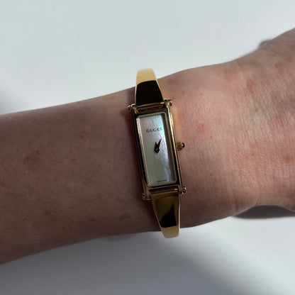Gucci 1990s Seashell Dial Rectangular Gold-Plated Bangle Watch
