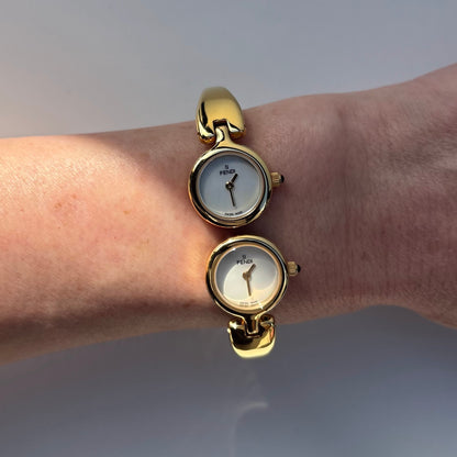 Fendi 1990s Seashell Dial Two Time Zone Gold Plated Bangle Watch