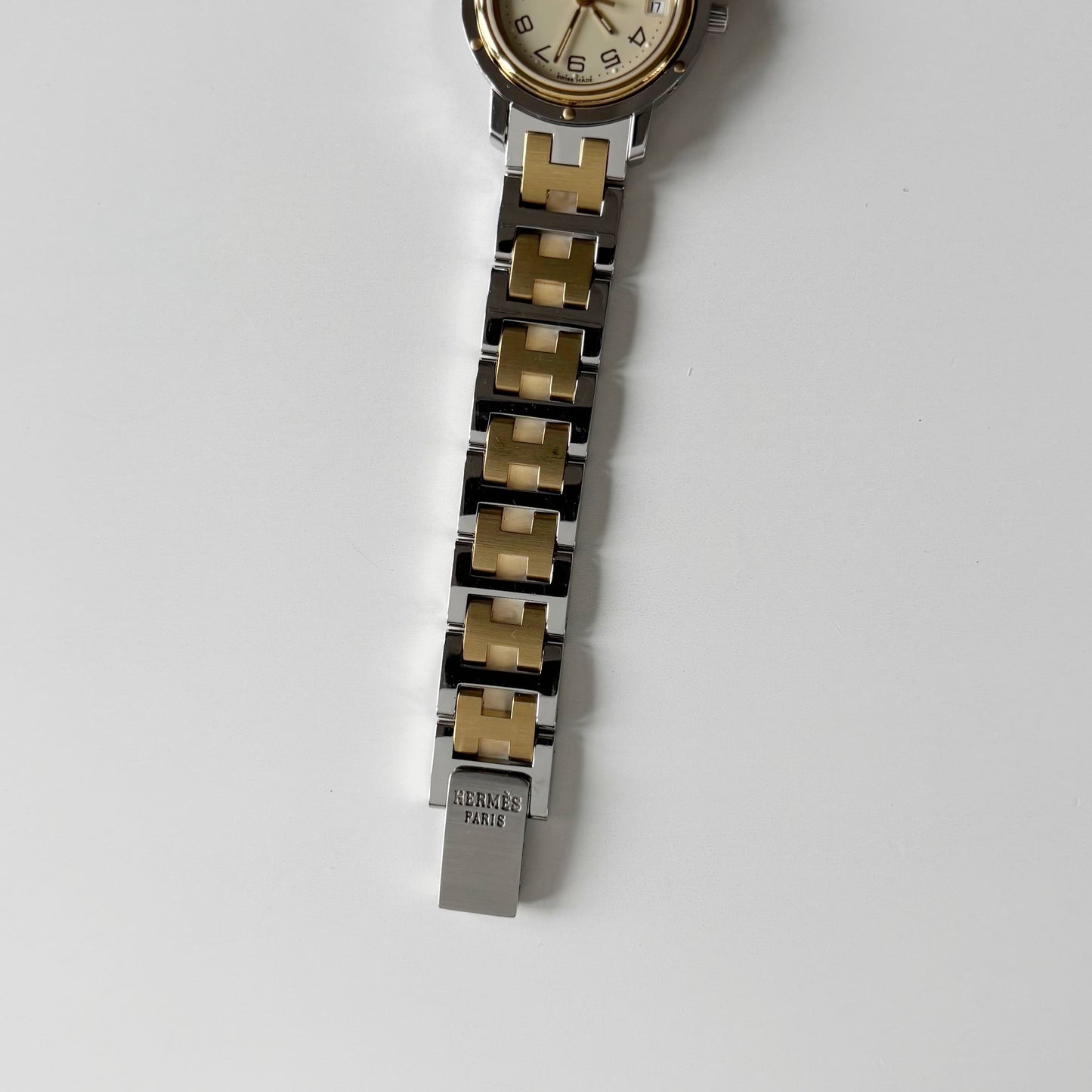 Hermes 1990s Clipper Date Round Dial Gold Plated Two Tone Watch