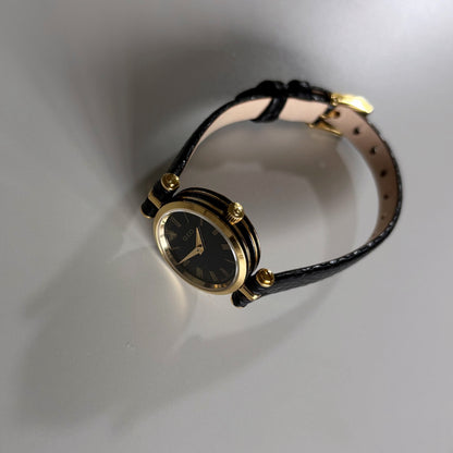 Gucci 1990s Black Round Dial Gold Plated Watch