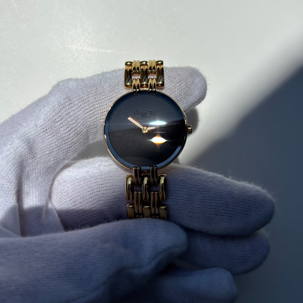 Dior 1990s Bagheera Round Black Dial Gold Plated Watch