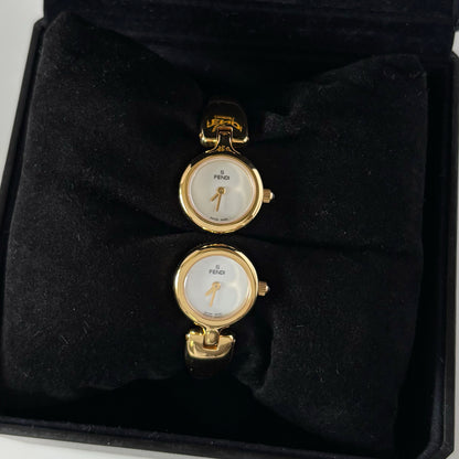 Fendi 1990s Seashell Dial Two Time Zone Gold Plated Bangle Watch