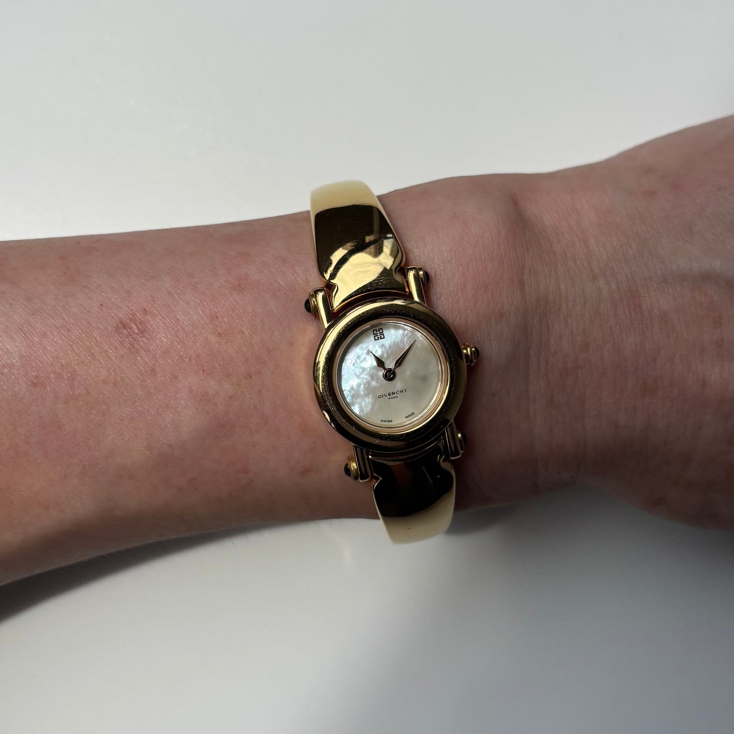 Givenchy 1990s Seashell Dial Gold Plated Bangle Watch
