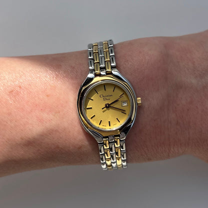 Dior 1990s Date Round Dial Two Tone Watch