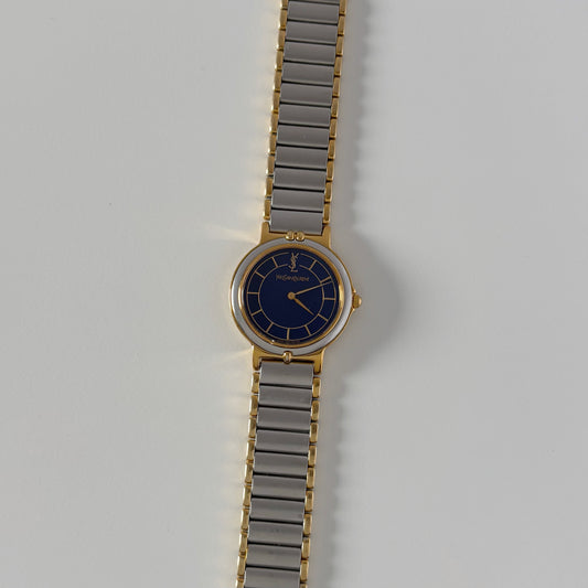 Yves Saint Laurent 1990s Navy Round Dial Two Tone Watch