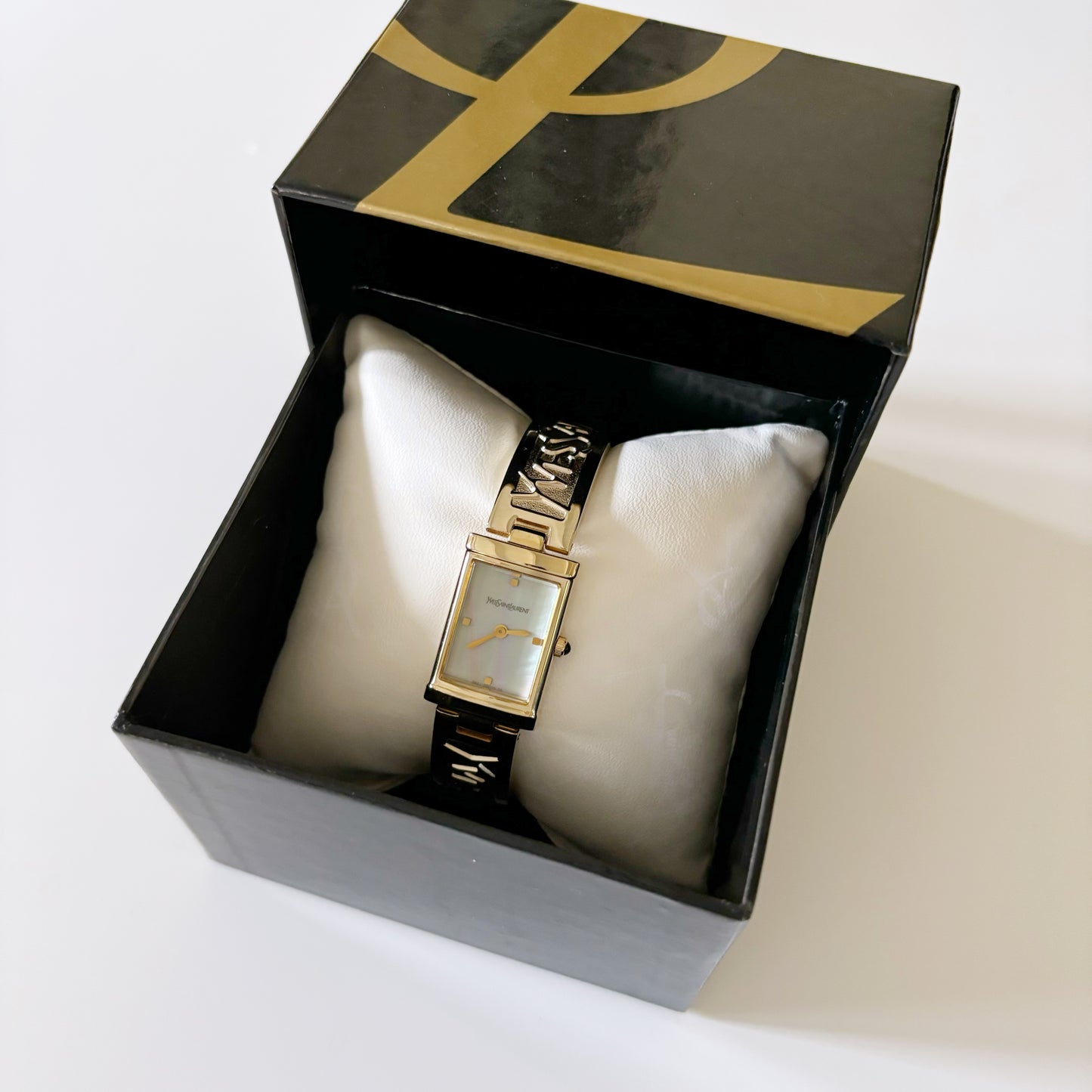 Yves Saint Laurent 1990s Seashell Dial Gold Plated Bangle Watch