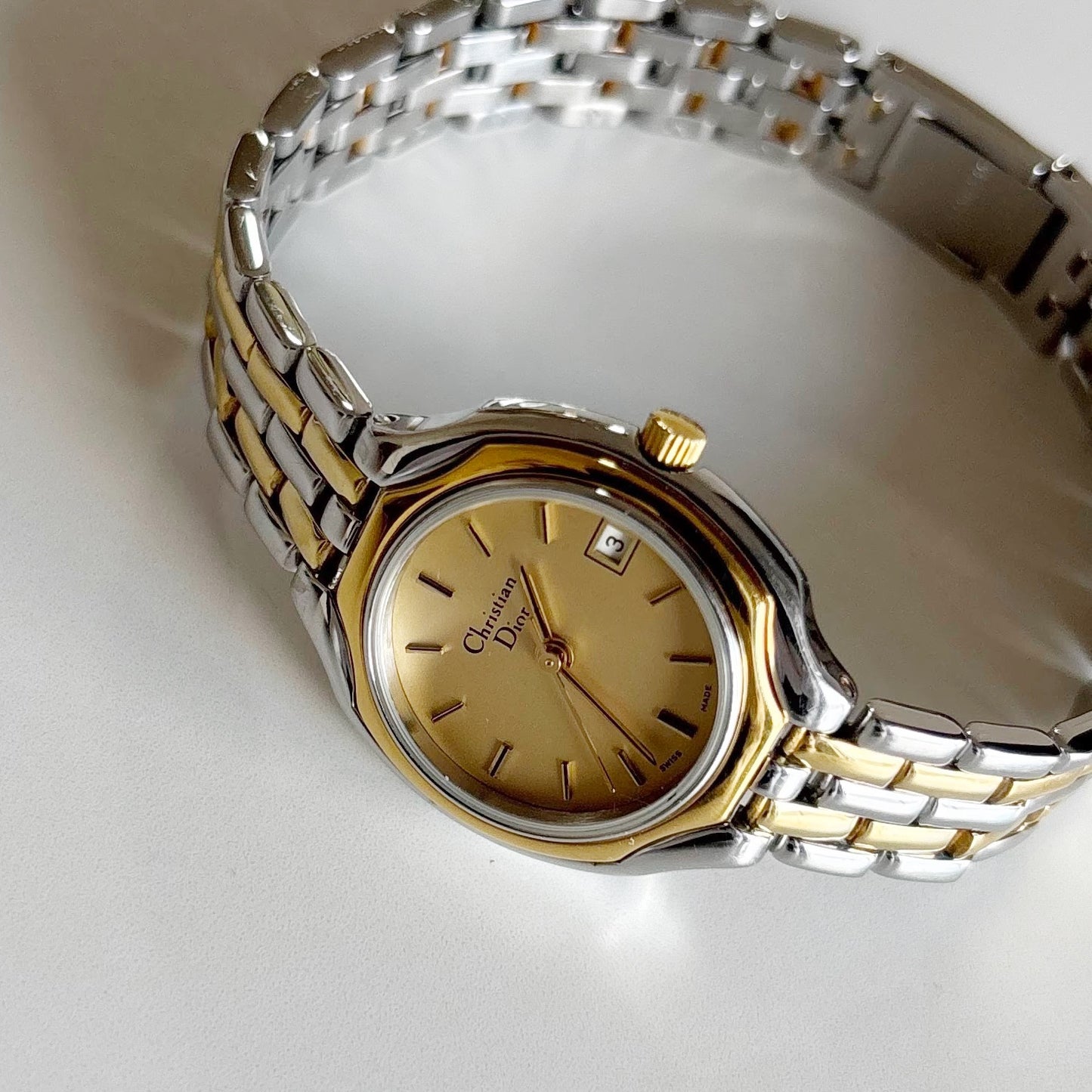 Dior 1990s Date Round Dial Two Tone Gold Plated Watch
