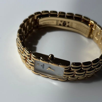 Fendi 1990s Rectangular White Dial Gold Plated Watch