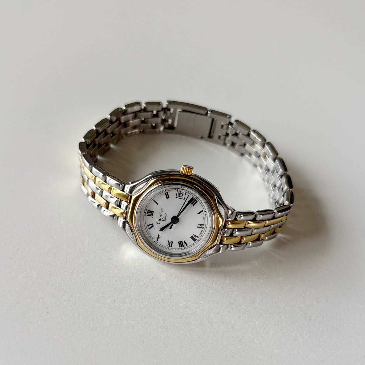 Dior 1990s Date Round Dial Gold Plated Two Tone Watch