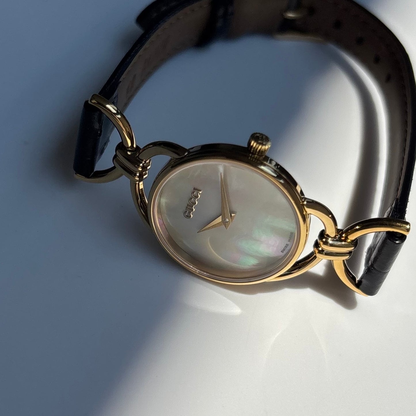 Gucci 1990s Seashell Dial Horsebit Gold Plated Watch