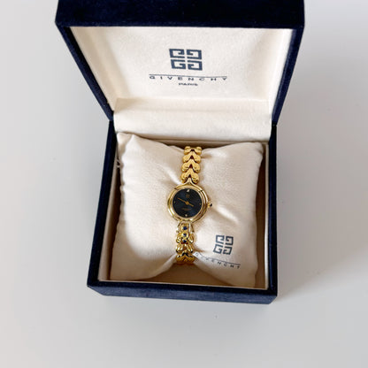Givenchy 1990s Navy Round Dial Gold Plated Watch