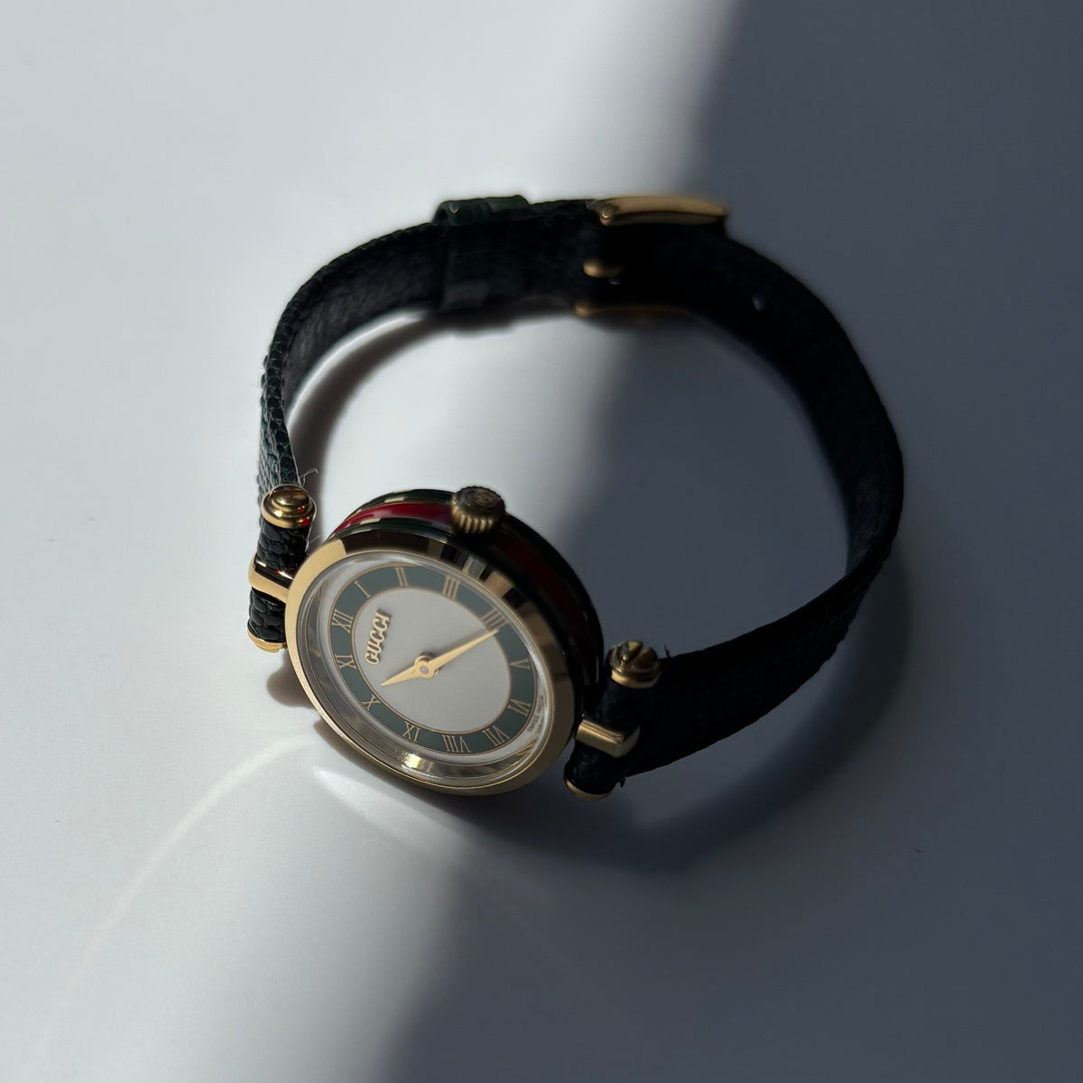 Gucci 1990s Round Dial Cherry Green Gold-Plated Watch