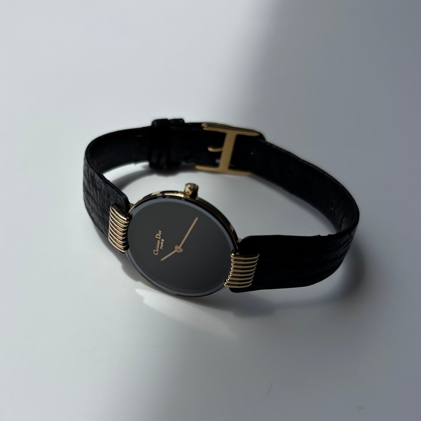 Dior 1990s Black Round Dial Gold Plated Watch