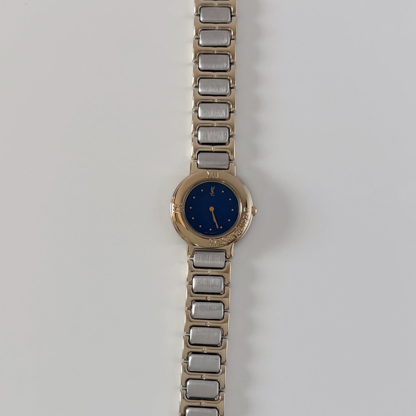 Yves Saint Laurent 1990s Navy Round Dial Two Tone Gold Plated Watch