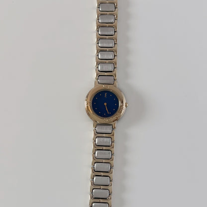 Yves Saint Laurent 1990s Navy Round Dial Two Tone Gold Plated Watch
