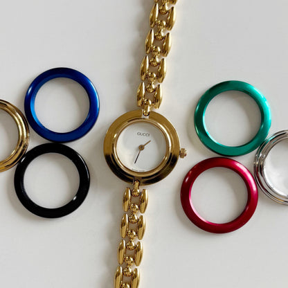 Gucci 1990s Interchangeable Bezel Gold Plated Rice Chain Watch with 6 bezels, case (160mm)